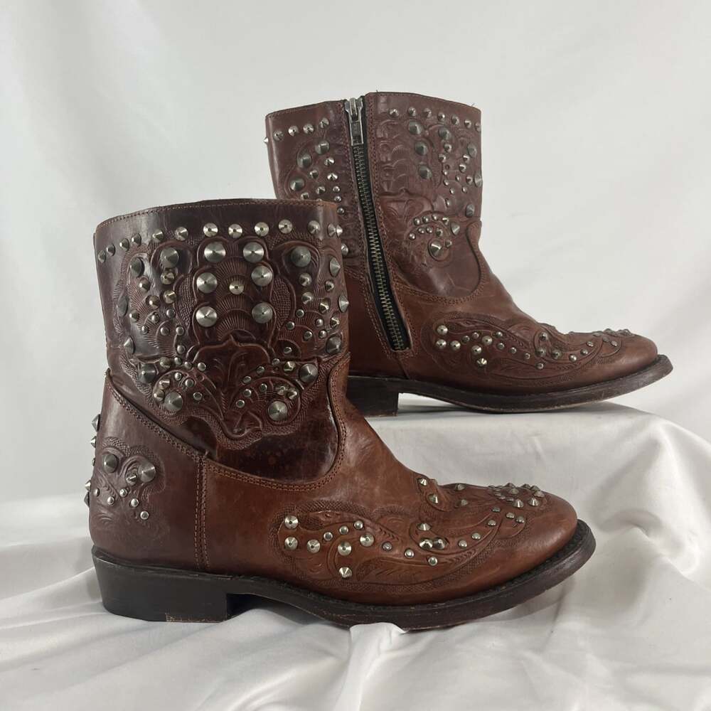ASH Studded Brown Leather Western Boots Women’s Size 38